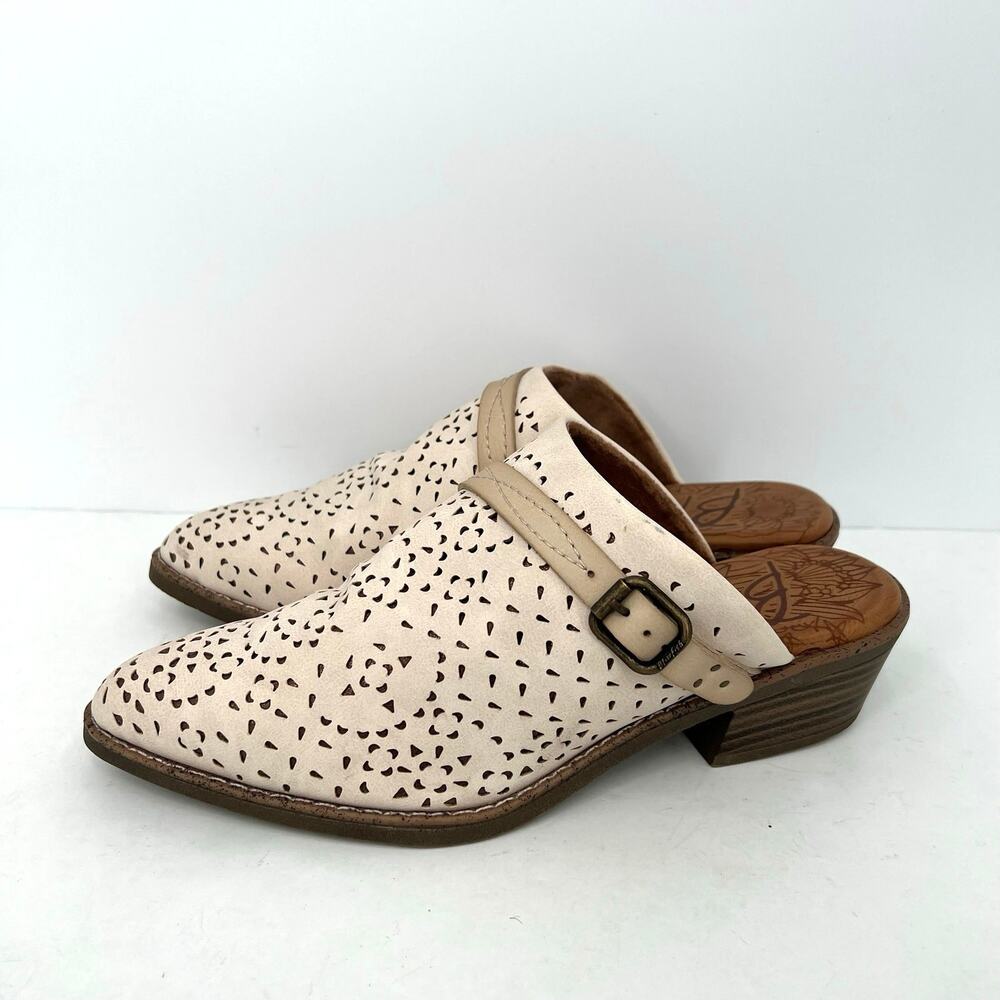 Blowfish Malibu Super-B mules perforated upper decorative side buckle strap.